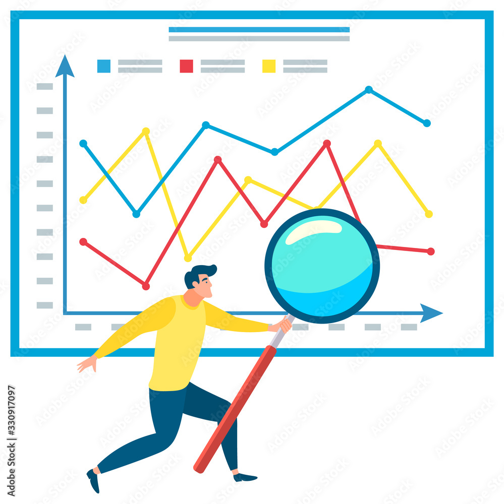 Aufkleber man analyzing data vector, businessman with magnifying glass and information on board. success on gr