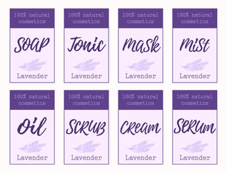 Fototapeta premium Set of labels for lavender cosmetics packaging design. Organic cosmetics and natural care.