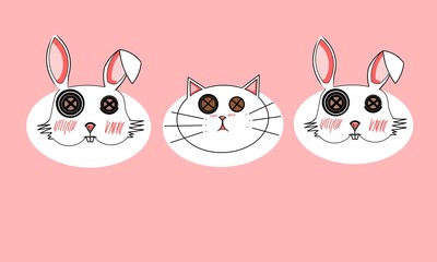 White cat and rabbit cartoon with cute faces and sweet pink background.