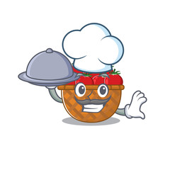 Tomato basket as a chef cartoon character with food on tray