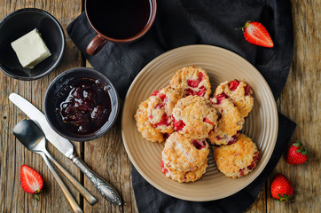 Strawberry scones with jam and butter