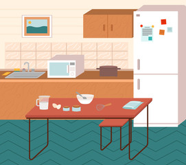 Kitchen interior with kitchenware, refrigerator and microwave oven. Table with bowl, tower and ingredients for dish. Counters with sink, fridge and pan for cooking. Appliances for home vector