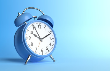 Blue vintage alarm clock on bright blue background in pastel colors. Minimal creative concept. 3d rendering illustration
