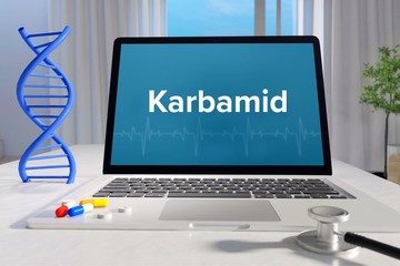 Karbamid – Medizin, Gesundheit. Computer im Büro mit Begriff auf dem Bildschirm. Arzt, Krankheit, Gesundheitswesen - obrazy, fototapety, plakaty
