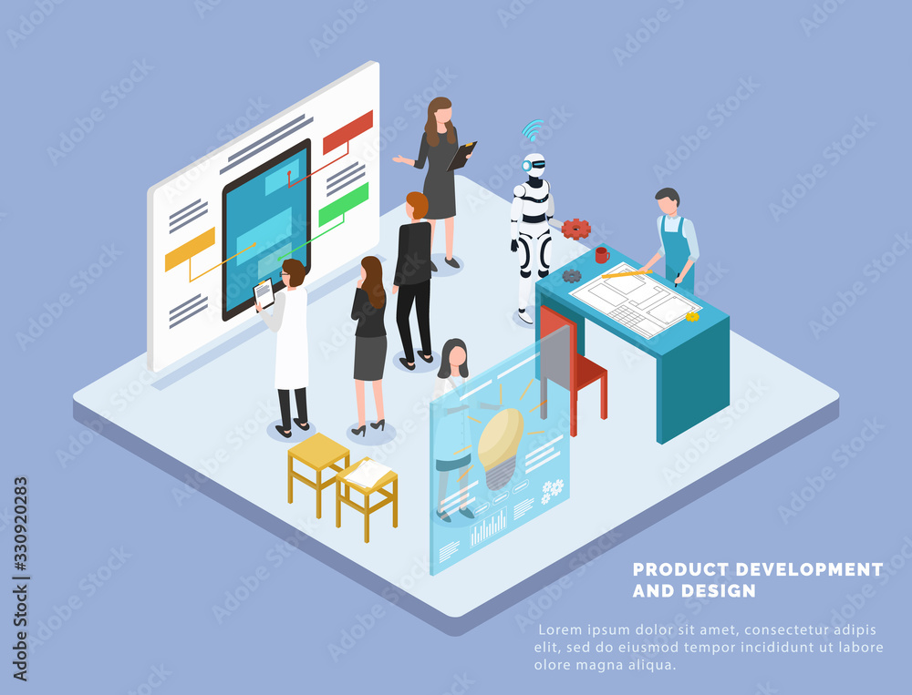 Poster product development and web design. manufacturing and machinery in room. people working on engineeri