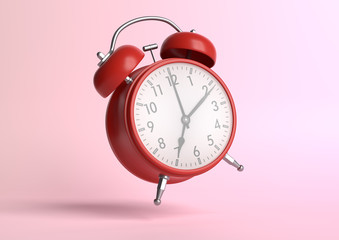 Red vintage alarm clock falling on the floor with bright pink background in pastel colors. Minimal creative concept. 3d rendering illustration