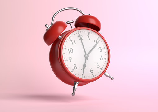 Red vintage alarm clock falling on the floor with bright pink background in pastel colors. Minimal creative concept. 3d rendering illustration