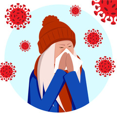 Girl has coronavirus, runny nose and viruses around on a blue background.Vector stock illustration, EPS 10.