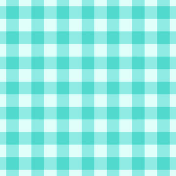 Vector gingham striped checkered blanket tablecloth. Seamless white turquoise table cloth napkin pattern background with natural textile texture. Country fabric material for breakfast or dinner picnic