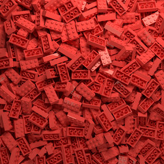 Obraz premium Red plastic toy bricks background. Educational toy for children. Pile of child's building blocks. 3D Rendering illustration