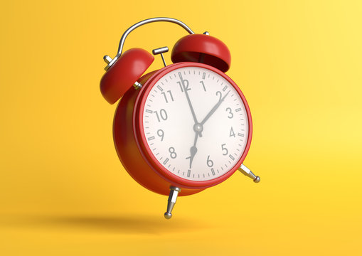 Red vintage alarm clock falling on the floor with bright yellow background in pastel colors. Minimal creative concept. 3d rendering illustration