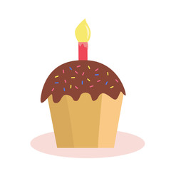 Chocolate covered cupcake with a burning candle. Vector illustration.