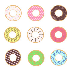 A set of different donuts on a white background. Doughnuts with colored icing. Vector illustration.
