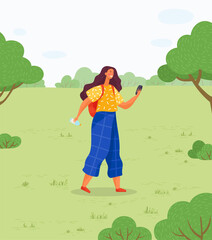 Female character with mobile phone walking in spring or summer park. Woman with smartphone texting or finding way in forest. Personage wearing backpack traveling outdoors. Vector in flat style - obrazy, fototapety, plakaty