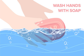 women washing hands with sanitizer soap and water, vector illustration.