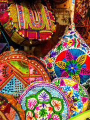 Rishikesh, India. Bags and pillows on the flea market in Rishikesh.
