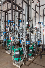 Pumping station for industrial, gas boiler, with many pipelines and pumps