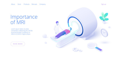 Magnetic resonance imaging concept in isometric vector design. Male doctor doing diagnostics of female patient with mri scan machine or equipment. Web banner layout template.
