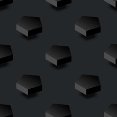 Minimal black seamless pattern background. Geometric 3D figures on dark field tile. Vector abstract texture wallpaper template