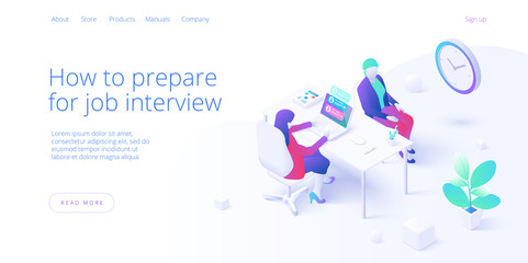 Job interview concept in isometric vector desig. Business HR or Human resources manager hiring employee or worker. Recruiting staff in company. Organizational socialization metaphor.