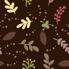 Abstract leaves and herbs retro seamless pattern. Cozy boho template of stock illustration for wrapping design, wallpaper, texture. Boho hygge background repeatable texture tile