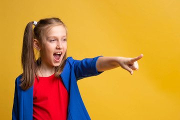 Photo of beautiful young caucasian lady with two tails shouting pointing far indicate index on...