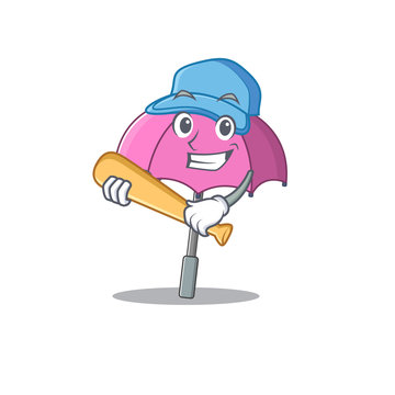 Mascot design style of pink umbrella with baseball stick