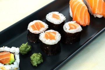 sushi dish on wooden table