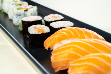 sushi dish on wooden table