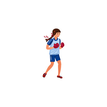 Cute girl boxer in blue sportswear. Vector illustration in the flat cartoon style