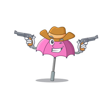 Funny pink umbrella as a cowboy cartoon character holding guns