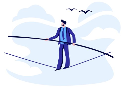 Cartoon Businessman Slackline Walker Vector Flat Illustration. Colorful Business Male Balanced On Slack Line Rope Holding Pole Isolated On White. Concept Of Problems Solution And Risk Challenge