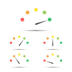 Vector illustration of rating customer satisfaction meter, different colors from red to green with colored smiles, simple tachometers, speedometers and indicators with emoticons