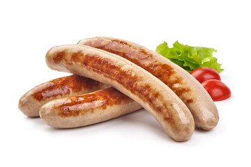 Grilled German pork sausages, Thuringer Rostbratwurst, isolated on white background