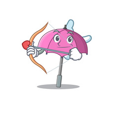 Romantic picture of pink umbrella Cupid cartoon character with arrow and wings
