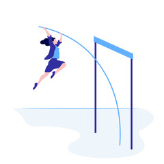 Successful business female overcome jump up vector flat illustration. Businesswoman jumping over obstacle isolated on white background. Concept of career achievement, startup and motivation