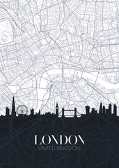 Skyline en stadskaart van Londen, gedetailleerde stedenbouwkundige vectoraffiche