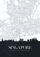 Skyline and city map of Singapore, detailed urban plan vector print poster