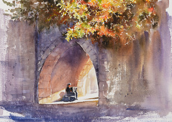 Street musician performing at the gate. PIcture created with watercolors.