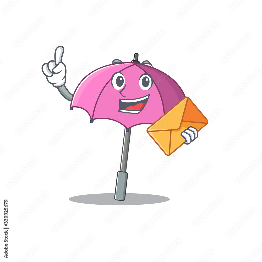 Sticker cute face pink umbrella mascot design with envelope