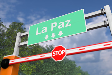Road closure near La Paz, Bolivia road sign. Coronavirus or some other disease quarantine related 3D rendering