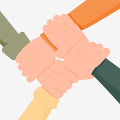 Four cartoon hand holding together isolated on white background. Colorful diversity people cooperation and teamwork vector flat illustration. Concept of support, partnership, friendship and unity