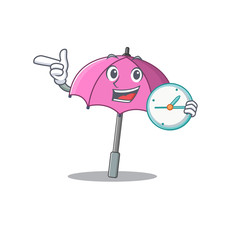 Cheerful pink umbrella cartoon character style with clock