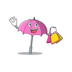 Happy rich pink umbrella mascot design waving and holding Shopping bag
