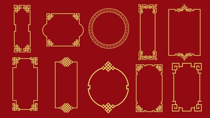 Set of various traditional golden china frame isolated on red background. Collection of different chinese retro border vector flat illustration. Yellow vintage decorative corner - obrazy, fototapety, plakaty