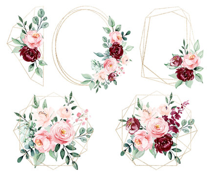 Gold frames set, wreath border and blossom arrangement. Watercolor clip art hand painting, floral geometric background. Flowers compositions isolated on white background.