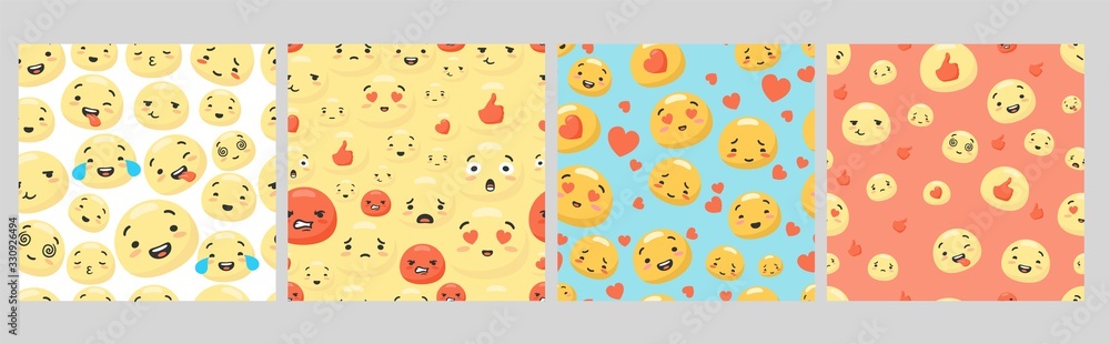 Poster set of various colorful smiley seamless pattern. collection of cartoon face with different expressio