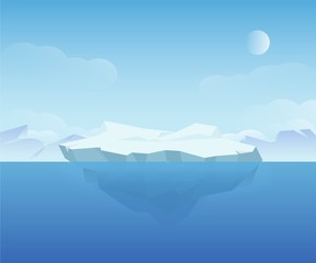 Beautiful natural ice landscape vector graphic illustration. Clear blue sea water with snowy mountain at horizon graphic design. Amazing polar north nature scenery