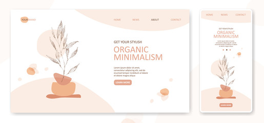 White Landing page organic design abstract shapes template for feminine beauty, spa, wellness, natural products, cosmetics, body care, healthy life. Flat design vector illustration concept for website