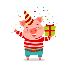 Pig standing in festive costume holding holiday present vector illustration
